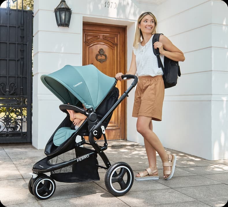 a mother and her baby in her cart